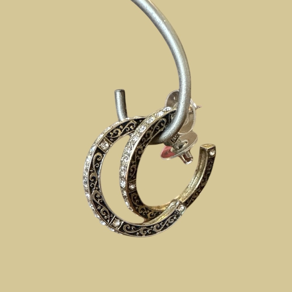 Elegant Black and Gold Tone Rhinestone Hoop Earrings. - Picture 8 of 8